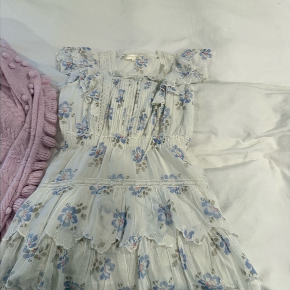 LoveShackFancy White Dress with Blue and Pink Floral Design
